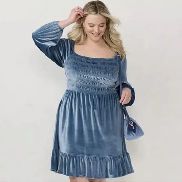 NWT LC Lauren Conrad Velvet Dress - BLUE Smocked Ruffle Women Size L - midi - Picture 3 of 12